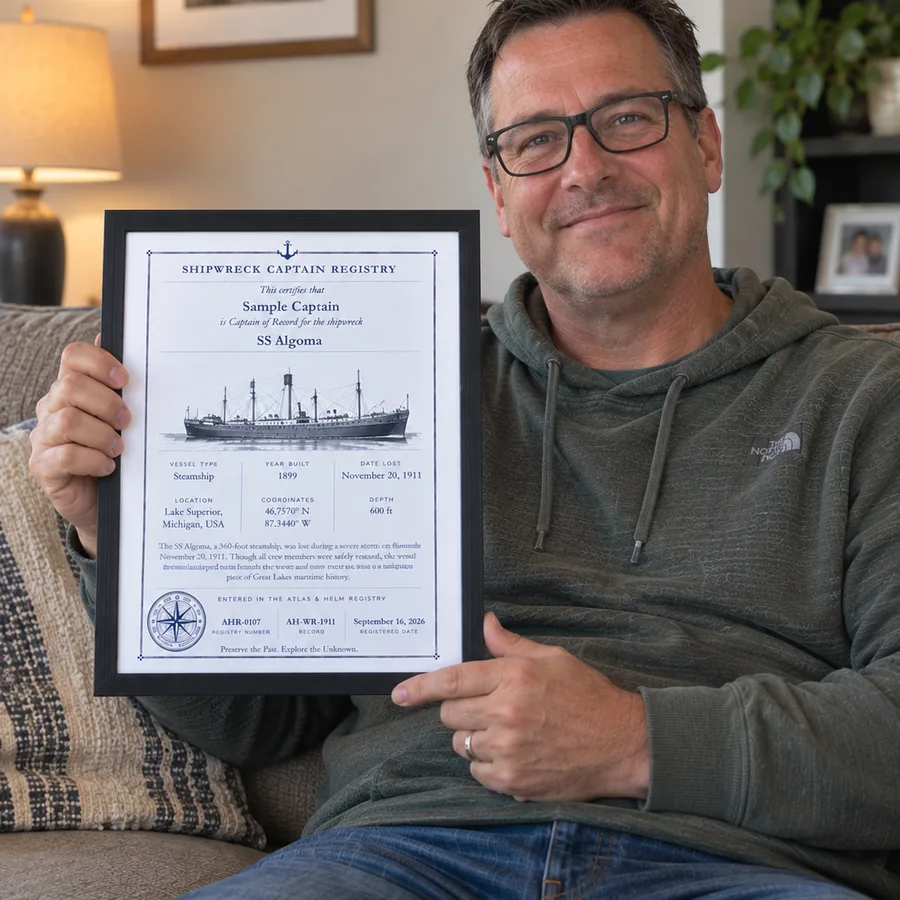 Atlas & Helm Captain displaying a framed shipwreck certificate, portrait 53