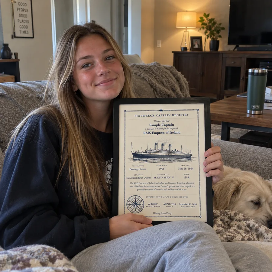 Atlas & Helm Captain displaying a framed shipwreck certificate, portrait 28