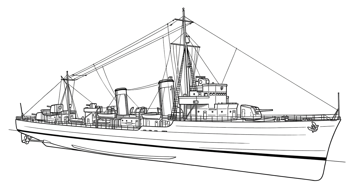 Engraved line drawing of the USS Worden