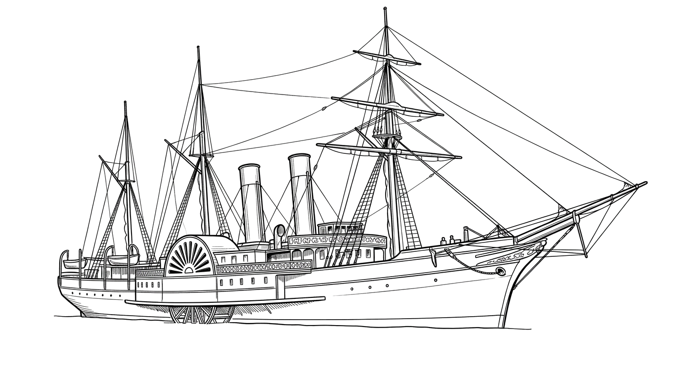 Engraved line drawing of the SS Golden Gate