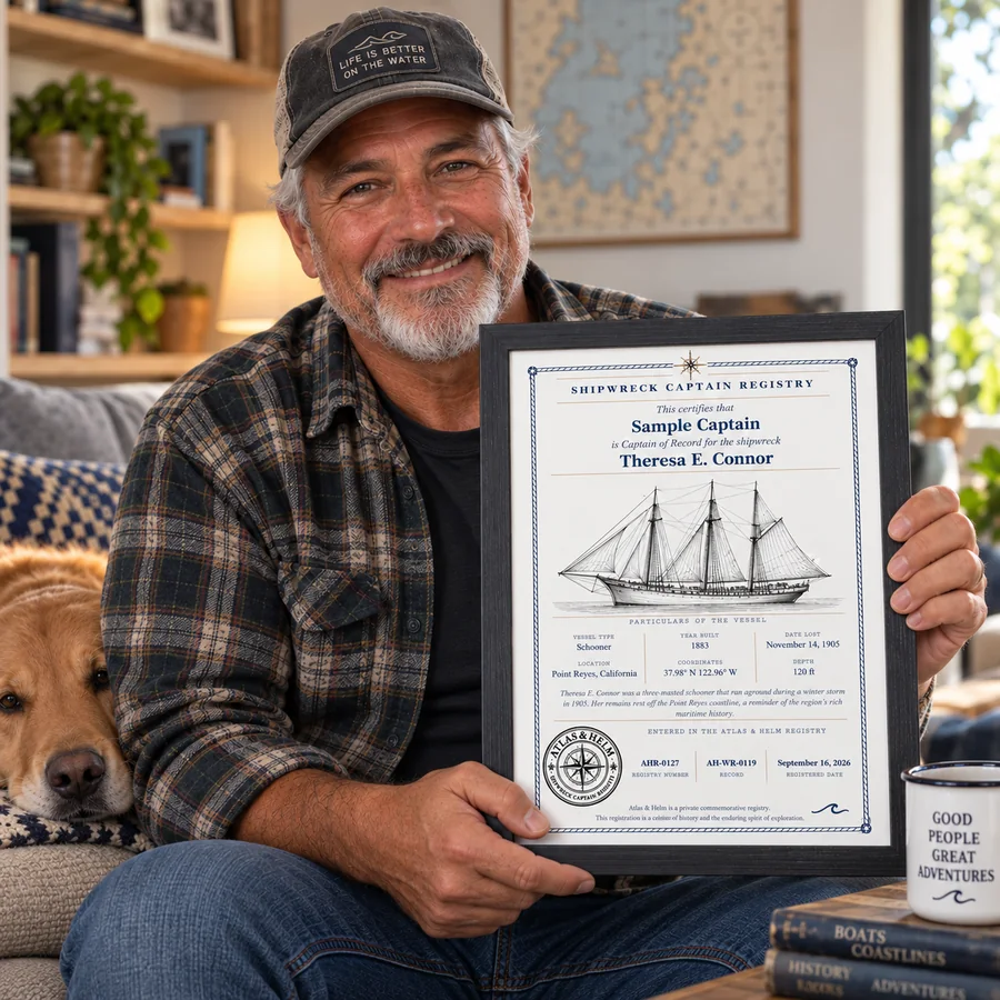 Atlas & Helm Captain displaying a framed shipwreck certificate, portrait 13