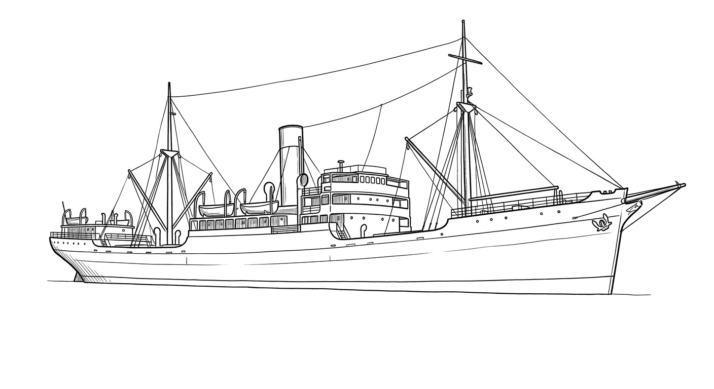 Engraved line drawing of the SS Norlindo