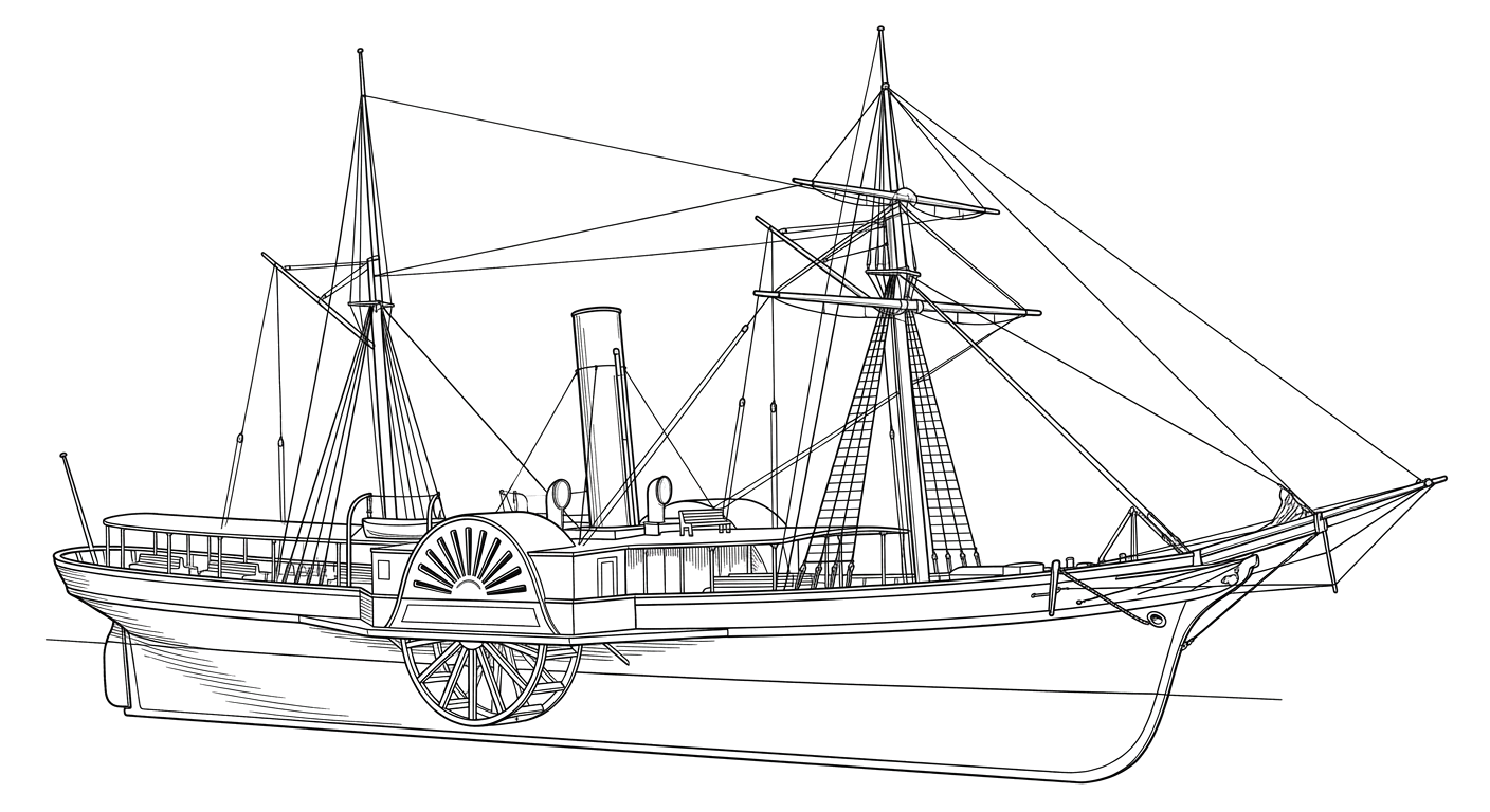 Engraved line drawing of the Greyhound