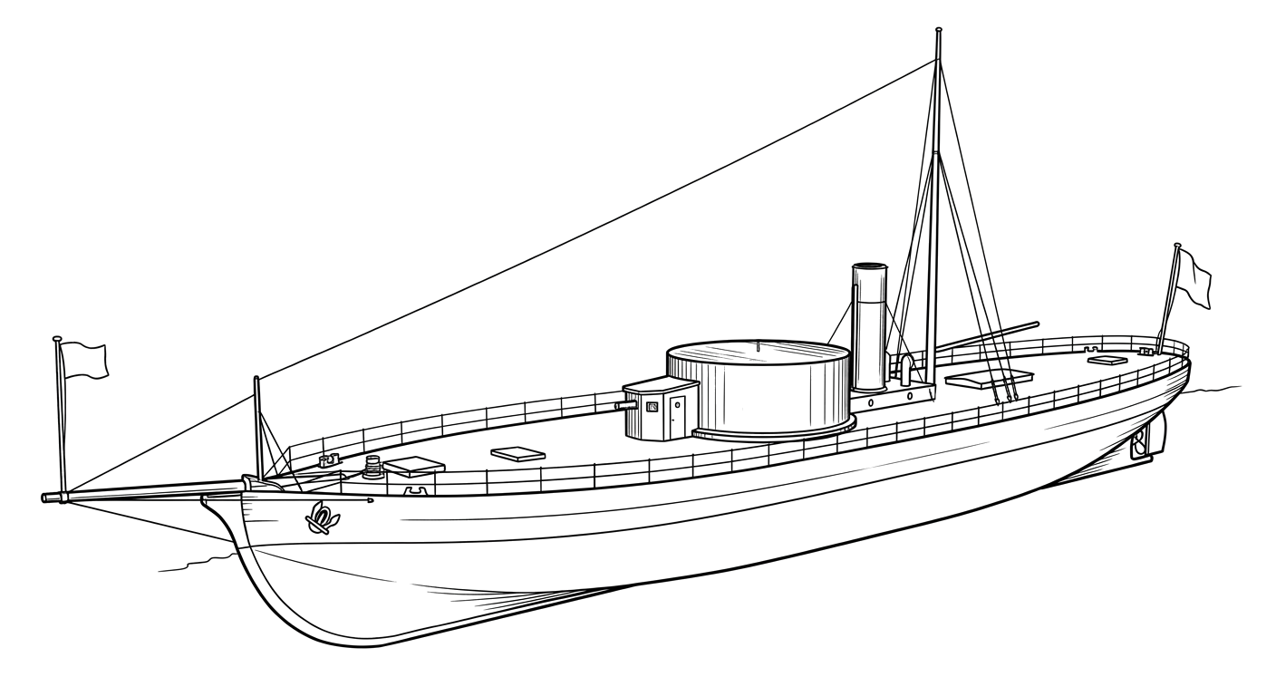 Engraved line drawing of the USS Weehawken