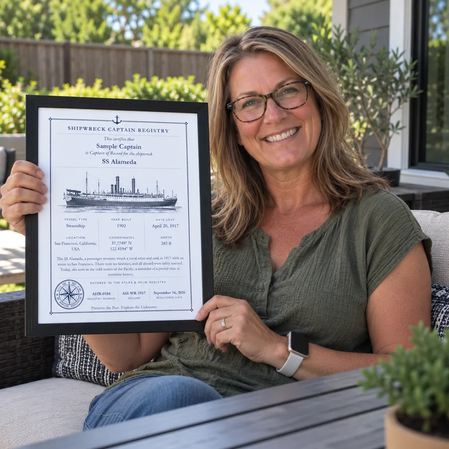 Atlas & Helm Captain displaying a framed shipwreck certificate, portrait 45