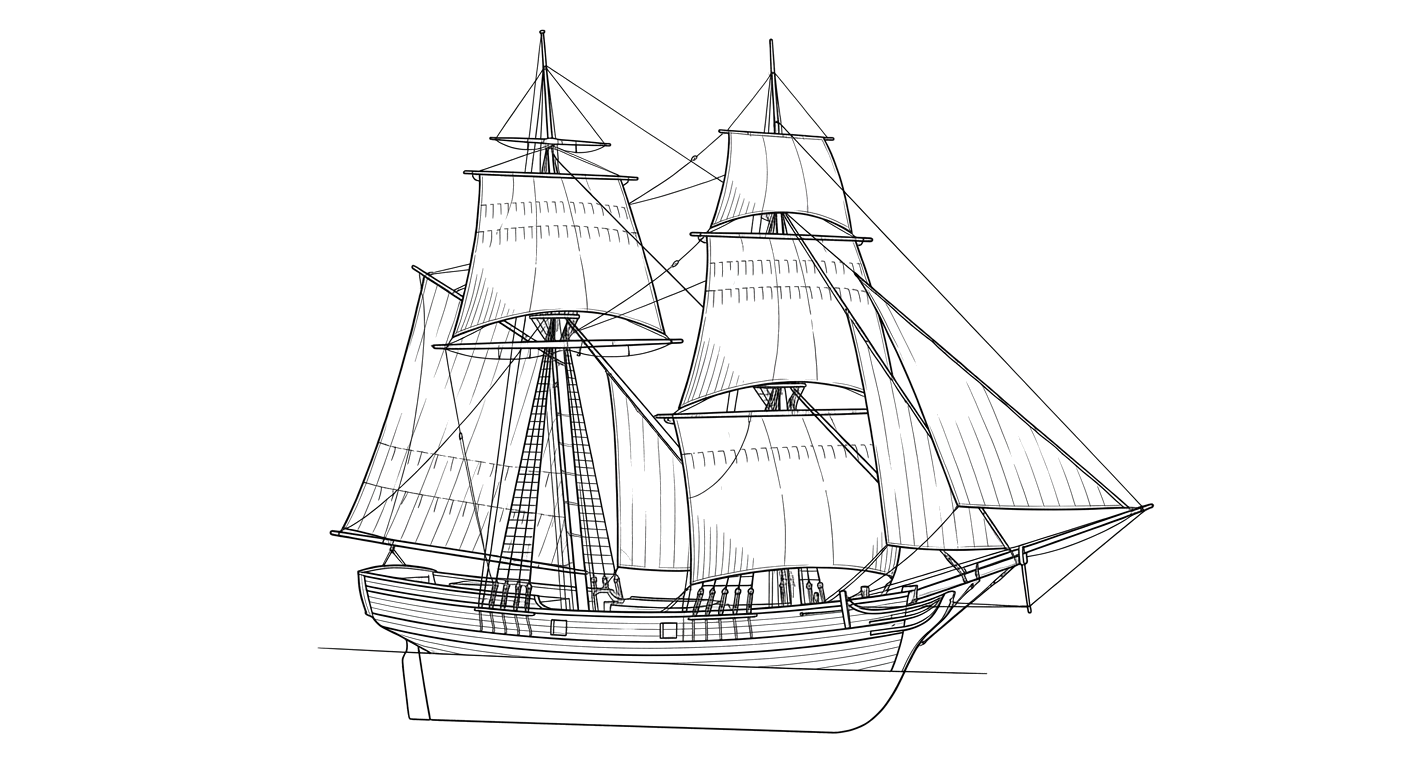 Engraved line drawing of the Mardi Gras Shipwreck