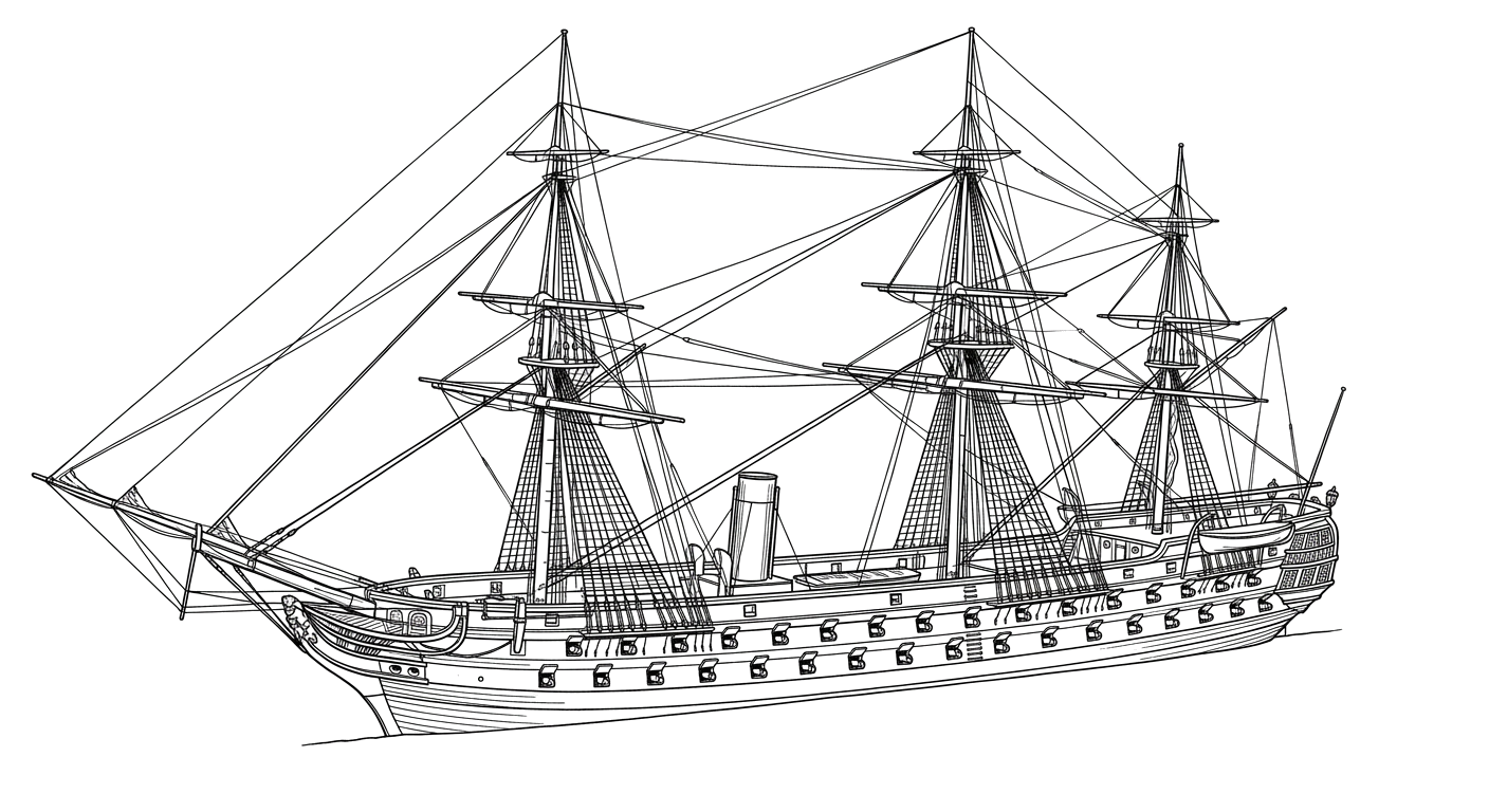 Engraved line drawing of the HMS Conqueror