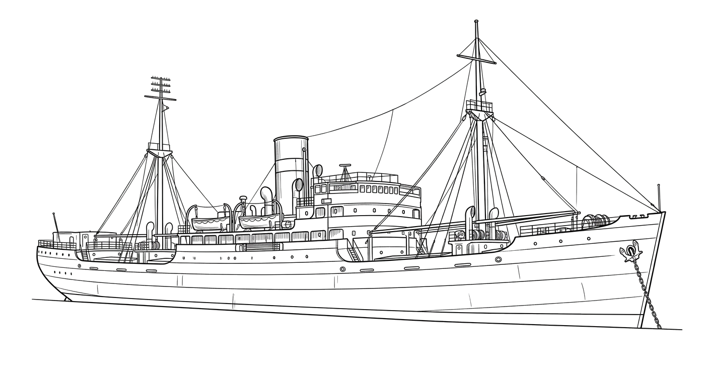 Engraved line drawing of the SS Manuela