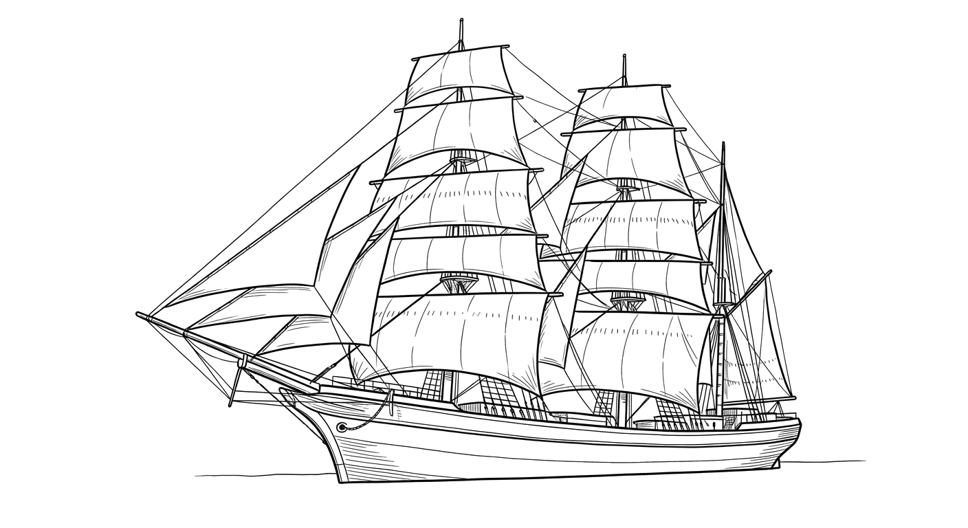 Engraved line drawing of the SV Volga