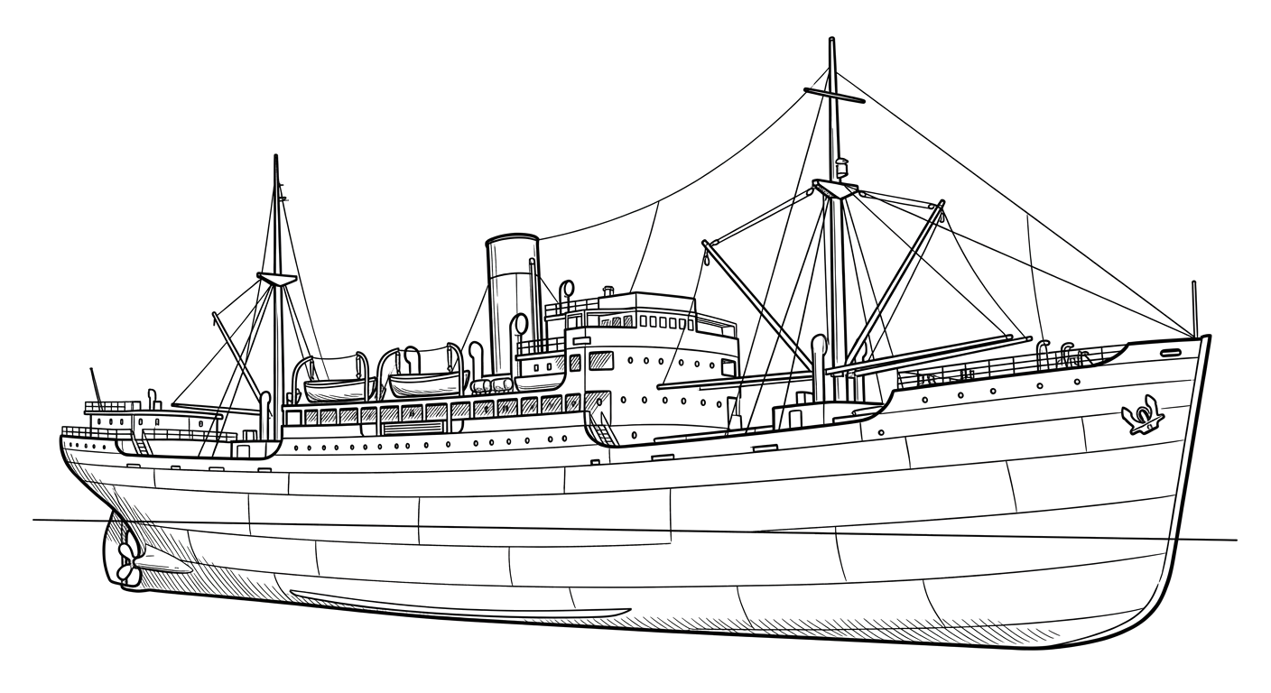 Engraved line drawing of the SS Tolten