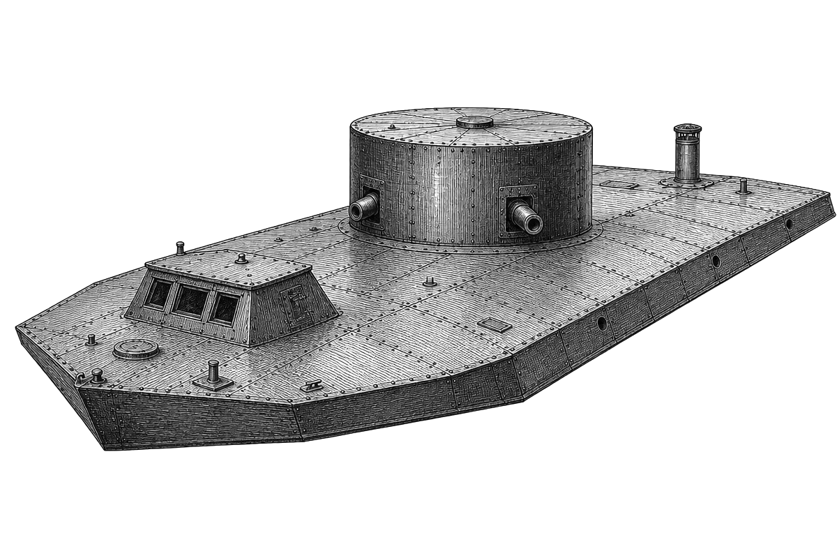 Engraved line drawing of the USS Monitor