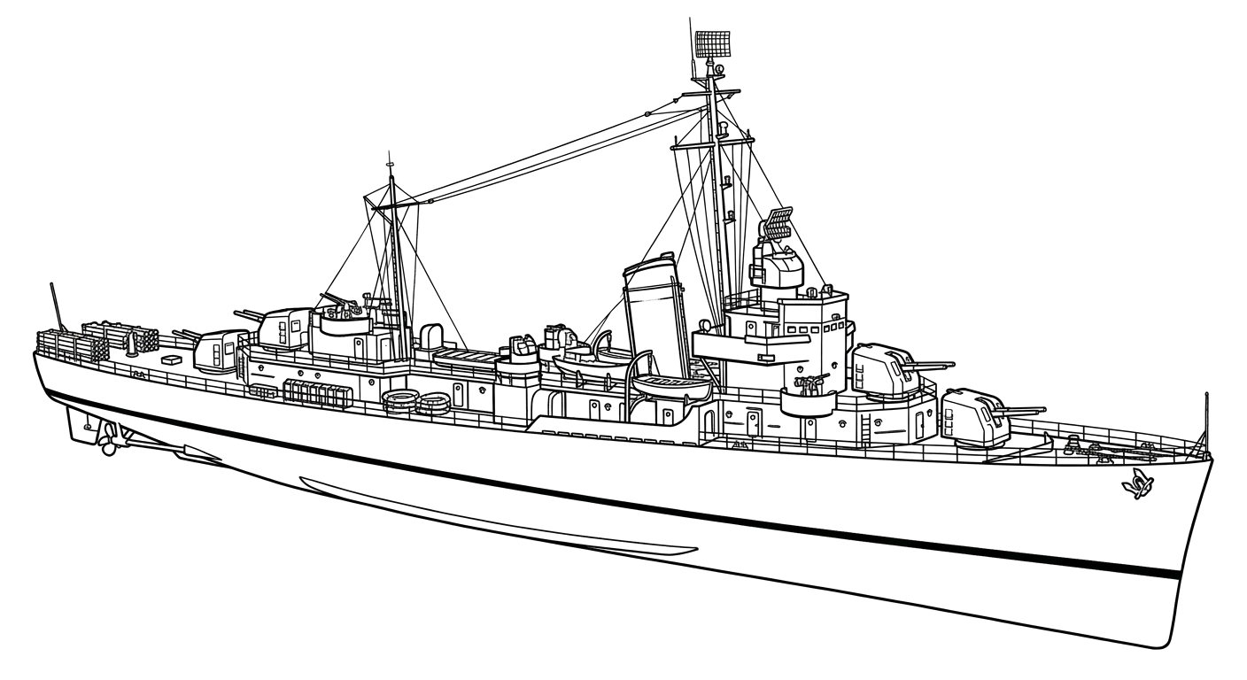 Engraved line drawing of the USS Abner Read (stern section)