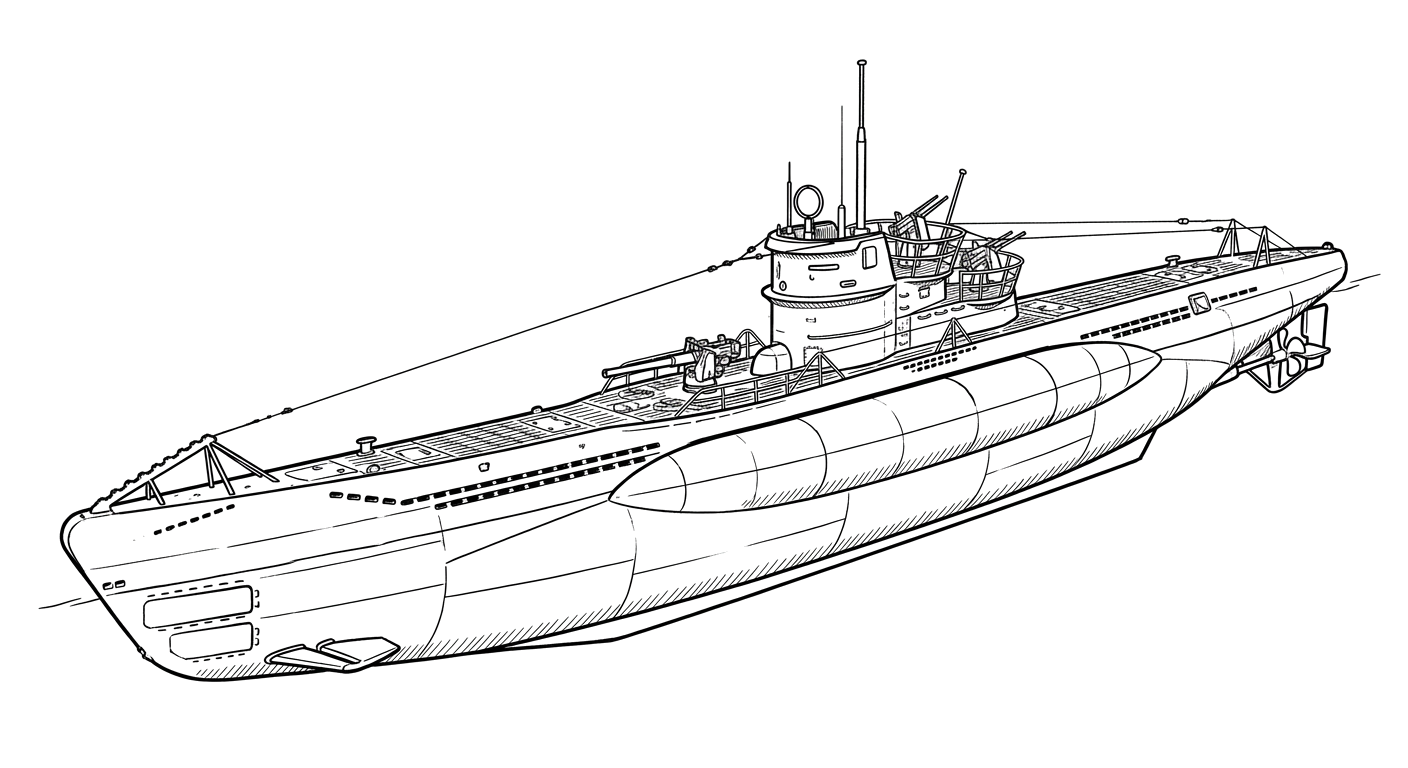 Engraved line drawing of the German submarine U-869