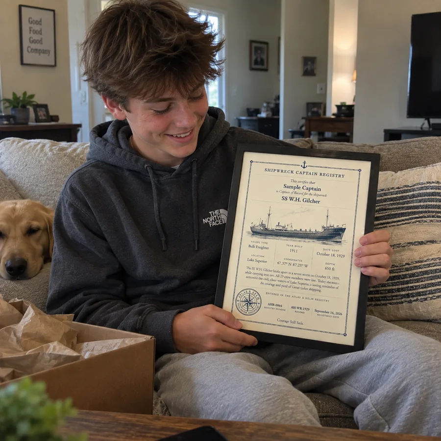 Atlas & Helm Captain displaying a framed shipwreck certificate, portrait 29