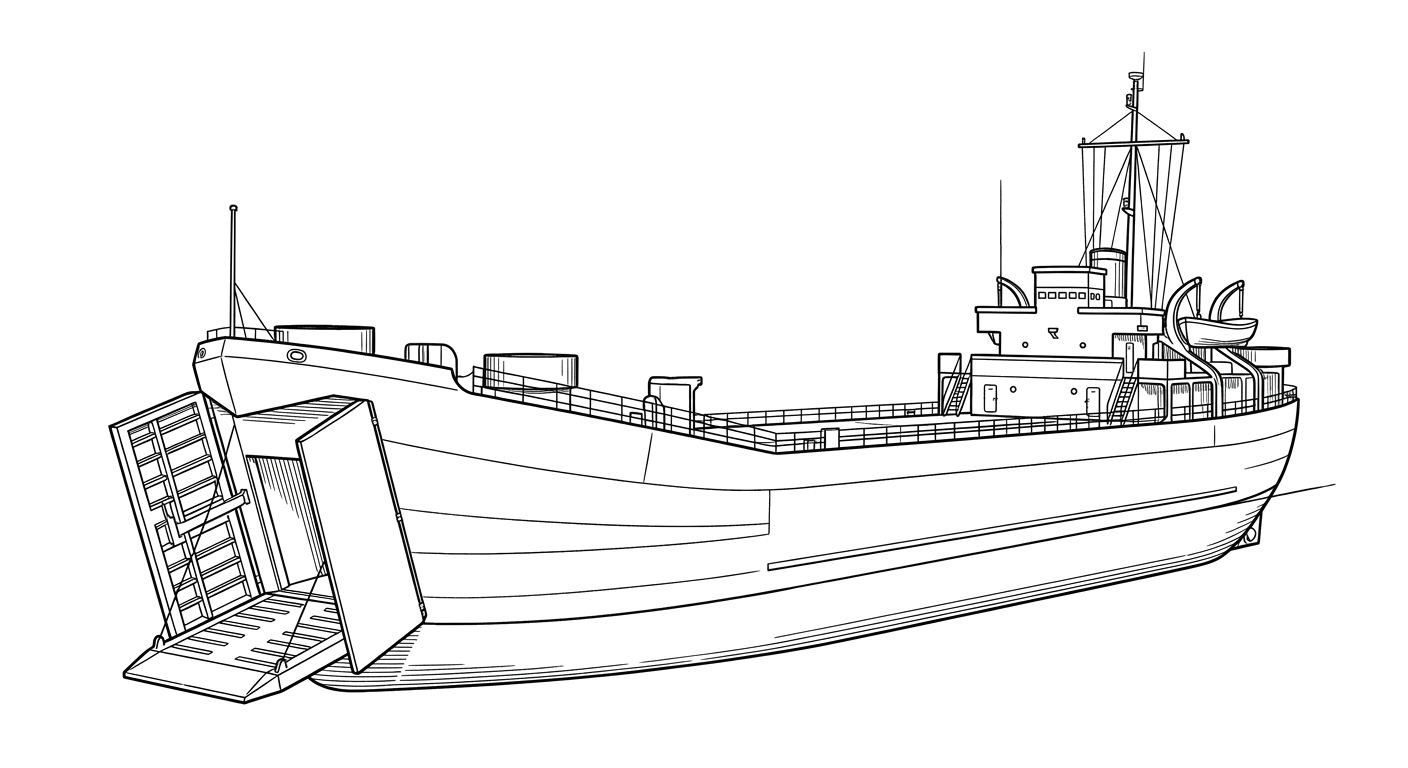 Engraved line drawing of the USS LST-353