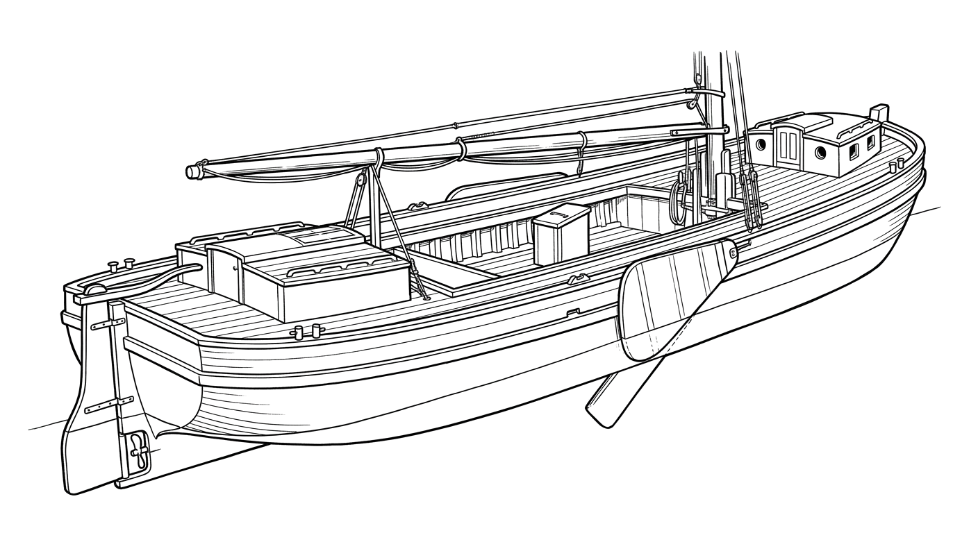 Engraved line drawing of the Canal Sloop (Wreck C)