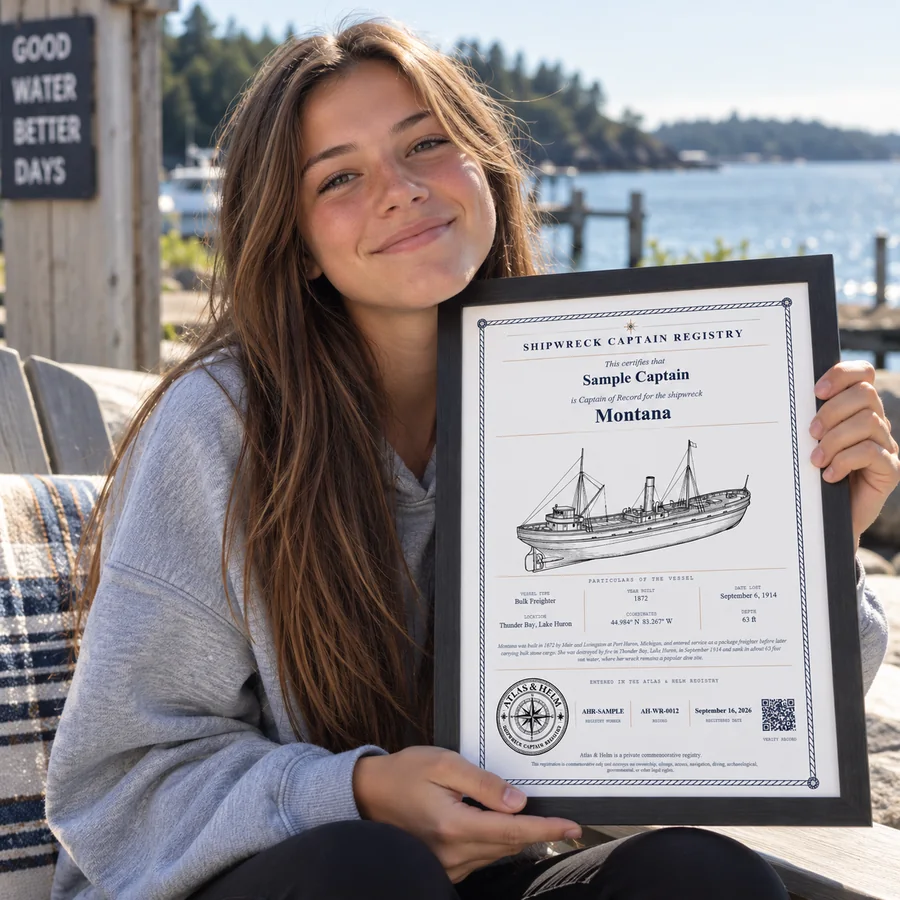 Atlas & Helm Captain displaying a framed shipwreck certificate, portrait 8