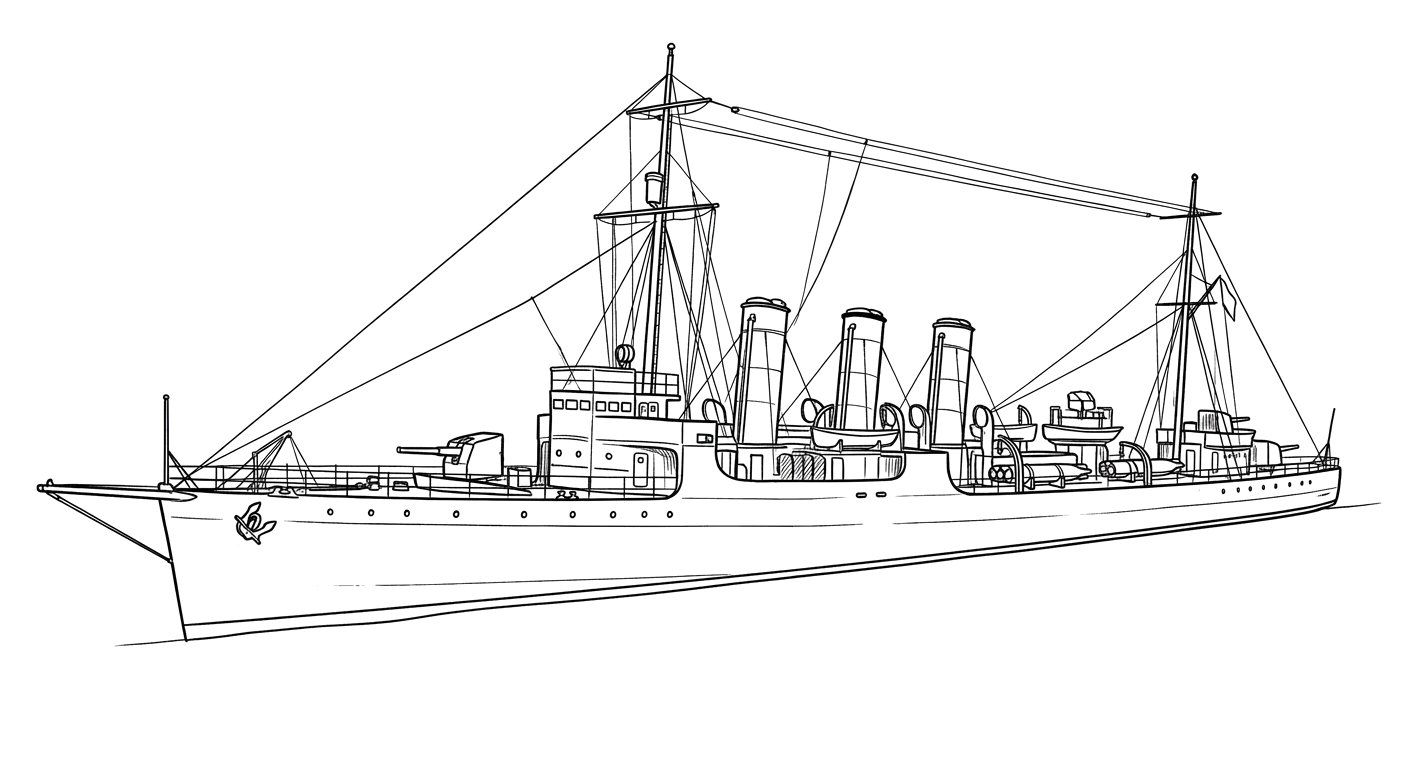 Engraved line drawing of the USS Truxtun