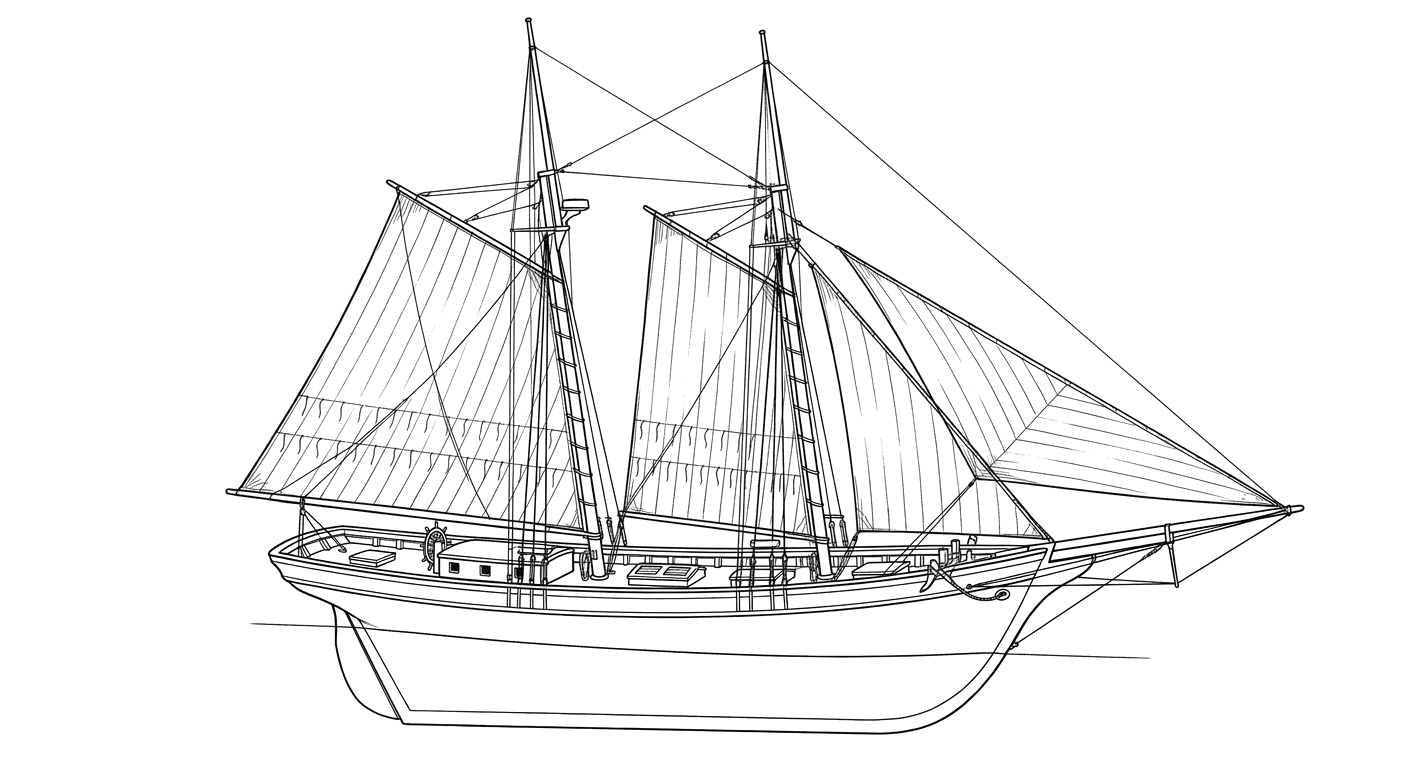 Engraved line drawing of the Rapid (tentatively identified; also known as the Mardi Gras Shipwreck)