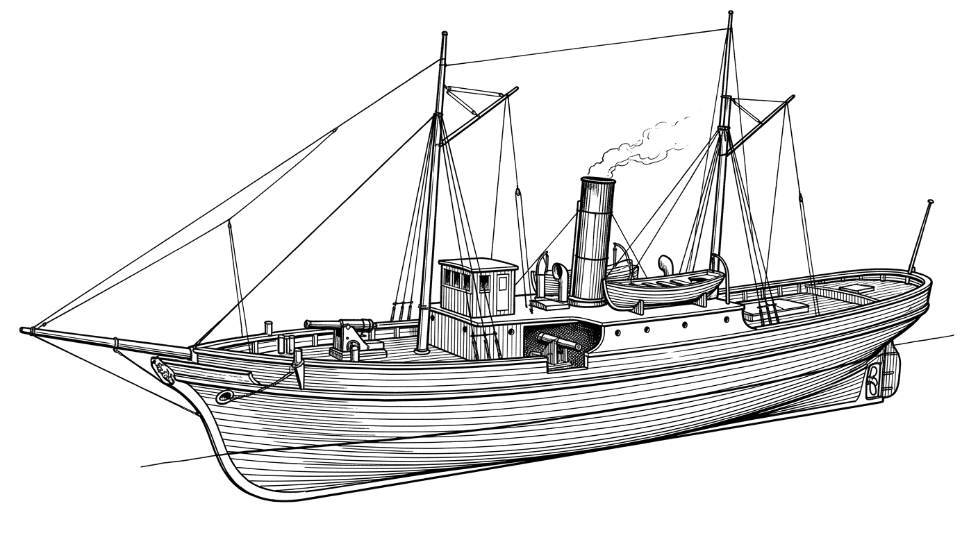 Engraved line drawing of the USS Satellite