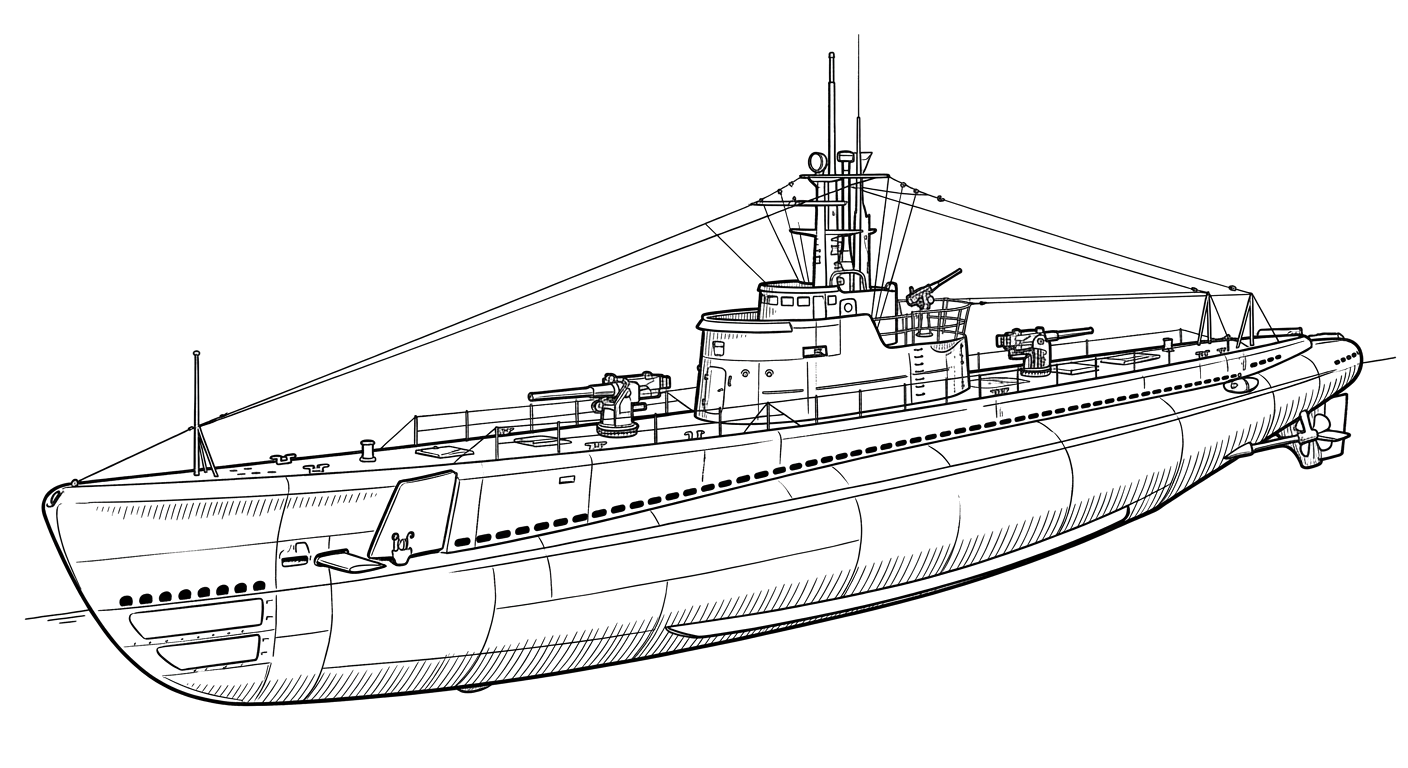 Engraved line drawing of the USS Tarpon