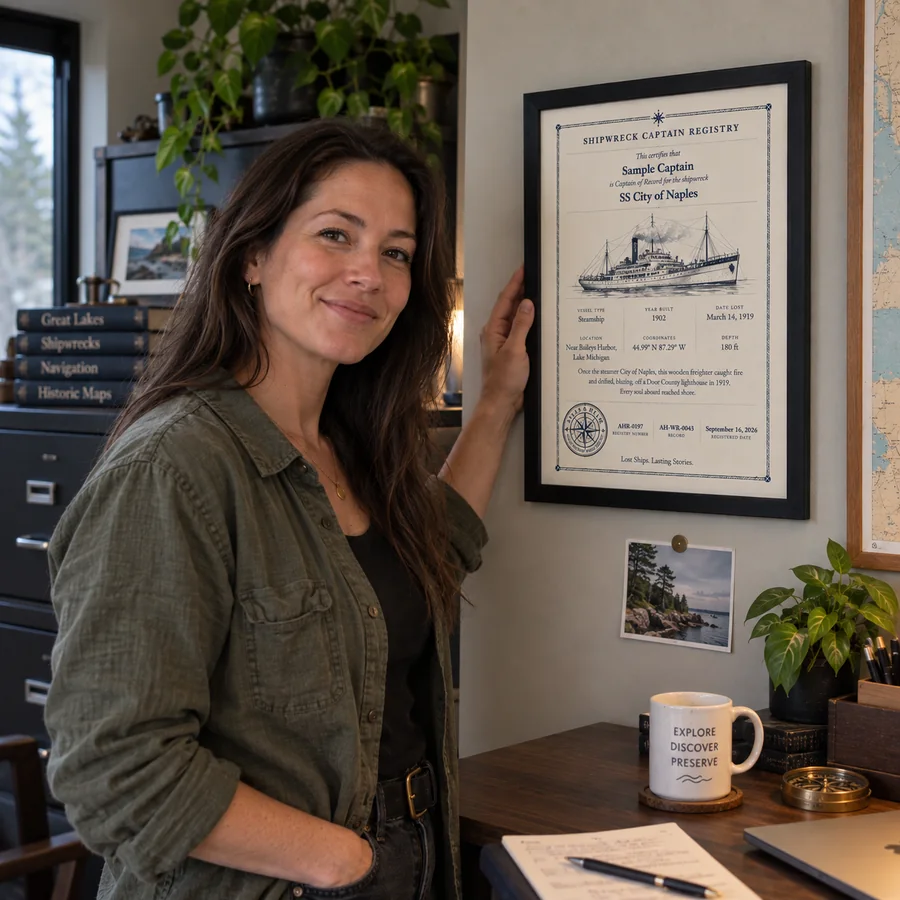Atlas & Helm Captain displaying a framed shipwreck certificate, portrait 26