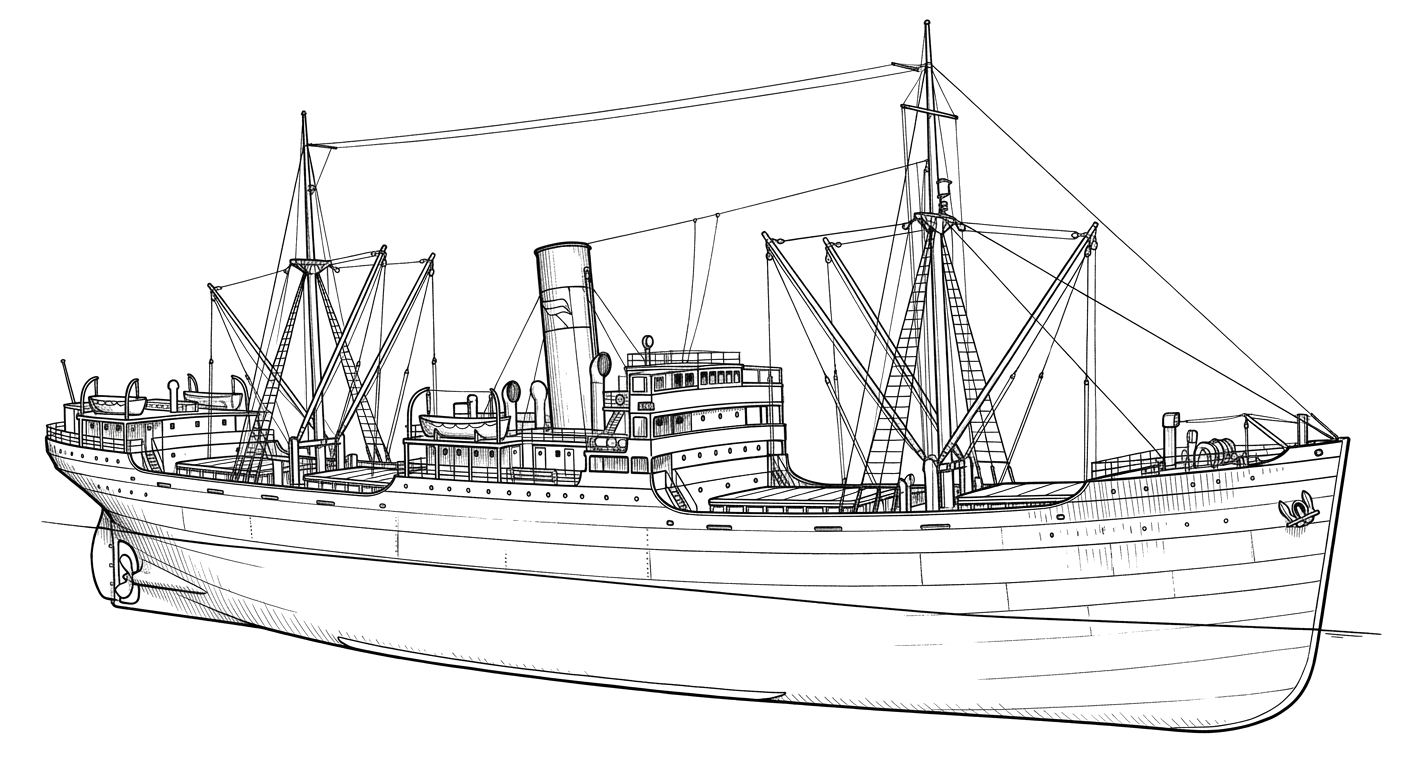 Engraved line drawing of the SS Gypsum Prince