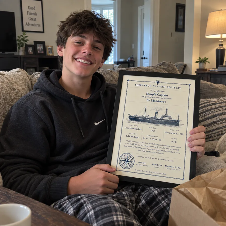 Atlas & Helm Captain displaying a framed shipwreck certificate, portrait 32