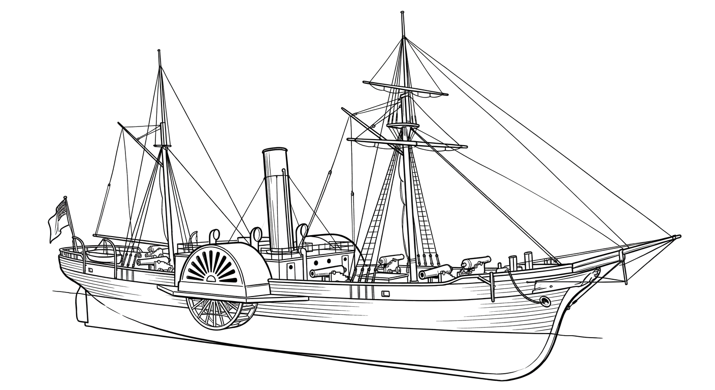Engraved line drawing of the USS Harvest Moon
