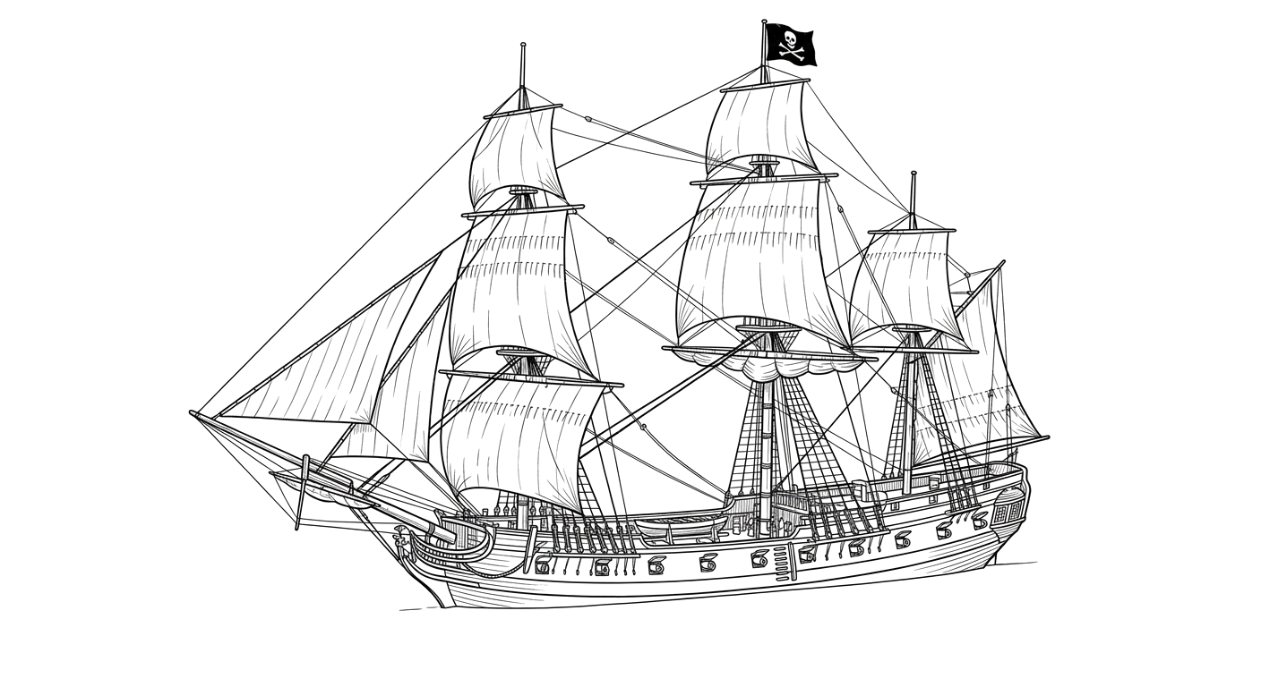 Engraved line drawing of the Queen Anne's Revenge