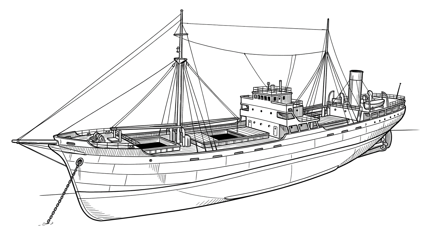 Engraved line drawing of the MV Kraken