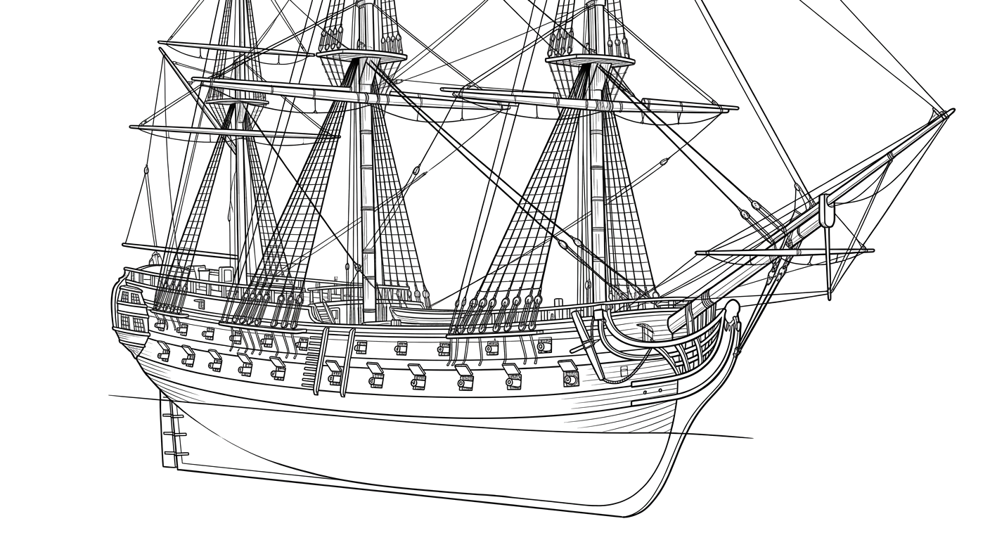 Engraved line drawing of the HMS Culloden