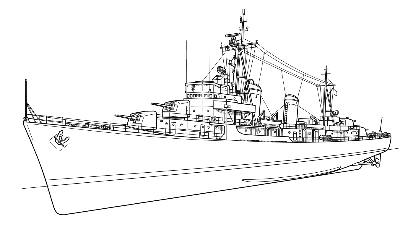 Engraved line drawing of the HMCS Saskatchewan