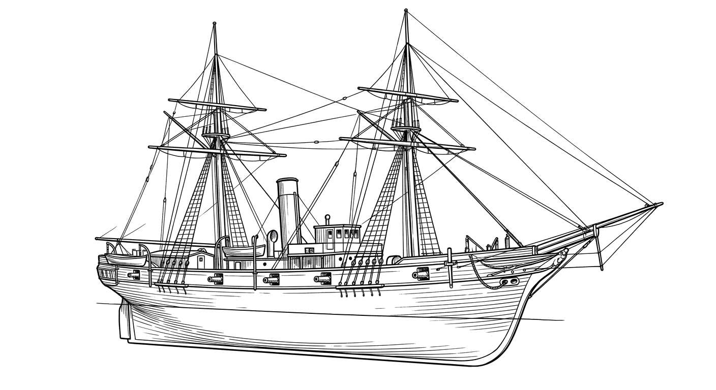 Engraved line drawing of the USS Iron Age