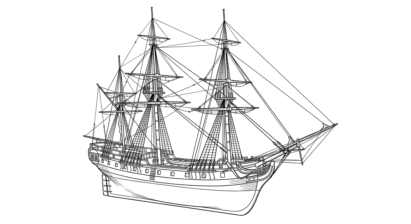 Engraved line drawing of the HMS Mercury