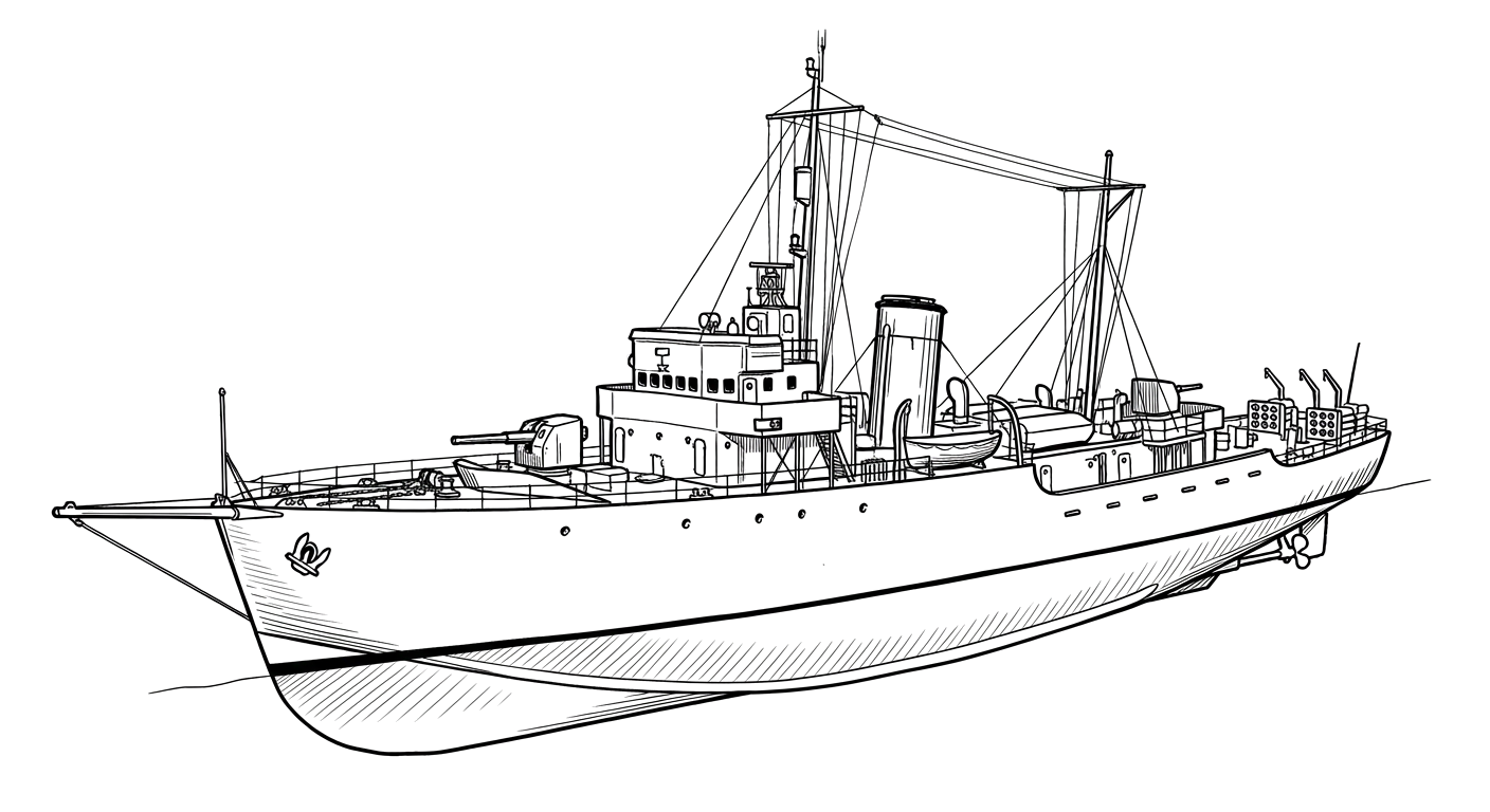 Engraved line drawing of the HMCS Esquimalt