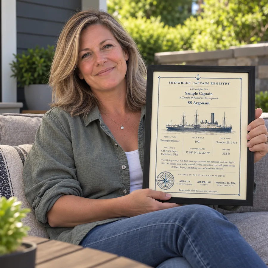 Atlas & Helm Captain displaying a framed shipwreck certificate, portrait 40