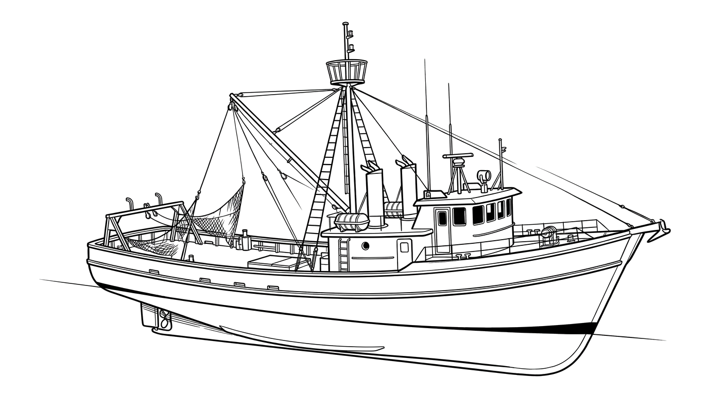 Engraved line drawing of the F/V Mermentau