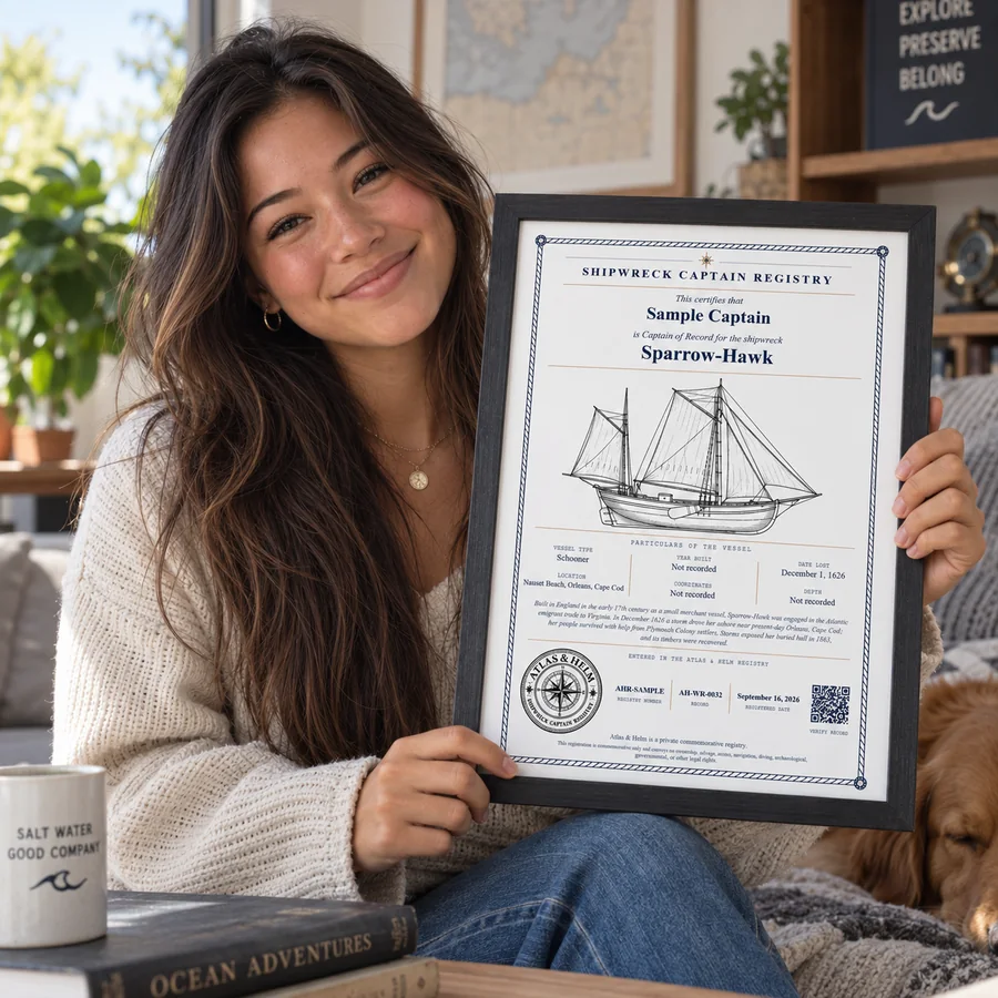 Atlas & Helm Captain displaying a framed shipwreck certificate, portrait 9