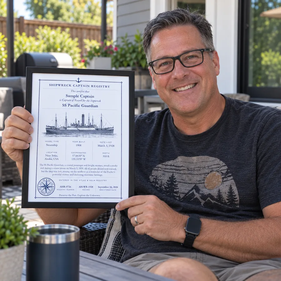 Atlas & Helm Captain displaying a framed shipwreck certificate, portrait 48
