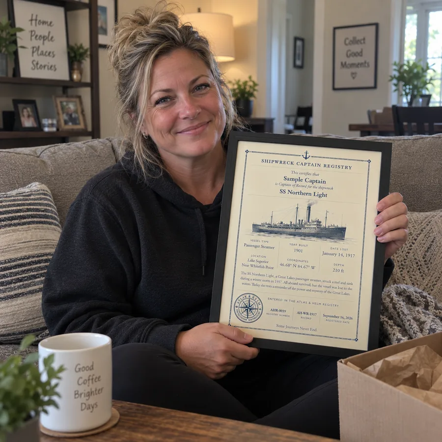 Atlas & Helm Captain displaying a framed shipwreck certificate, portrait 34