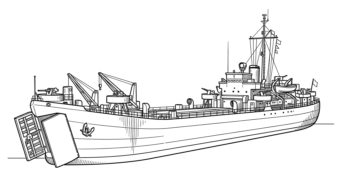 Engraved line drawing of the USS LST-480