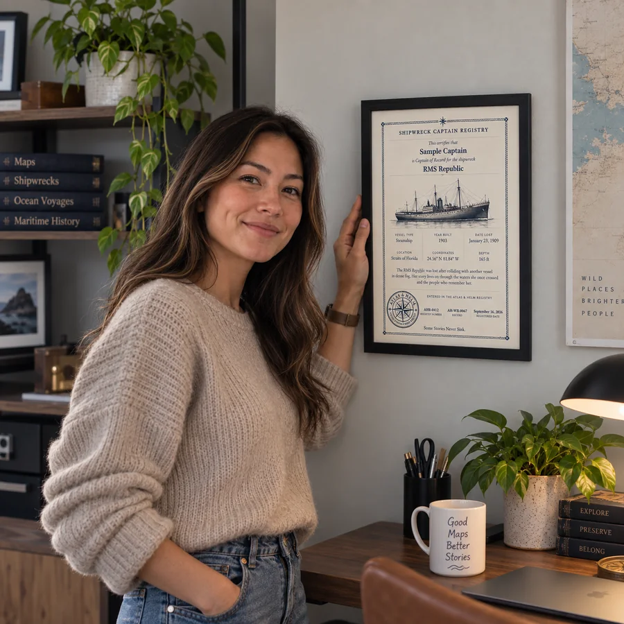 Atlas & Helm Captain displaying a framed shipwreck certificate, portrait 24