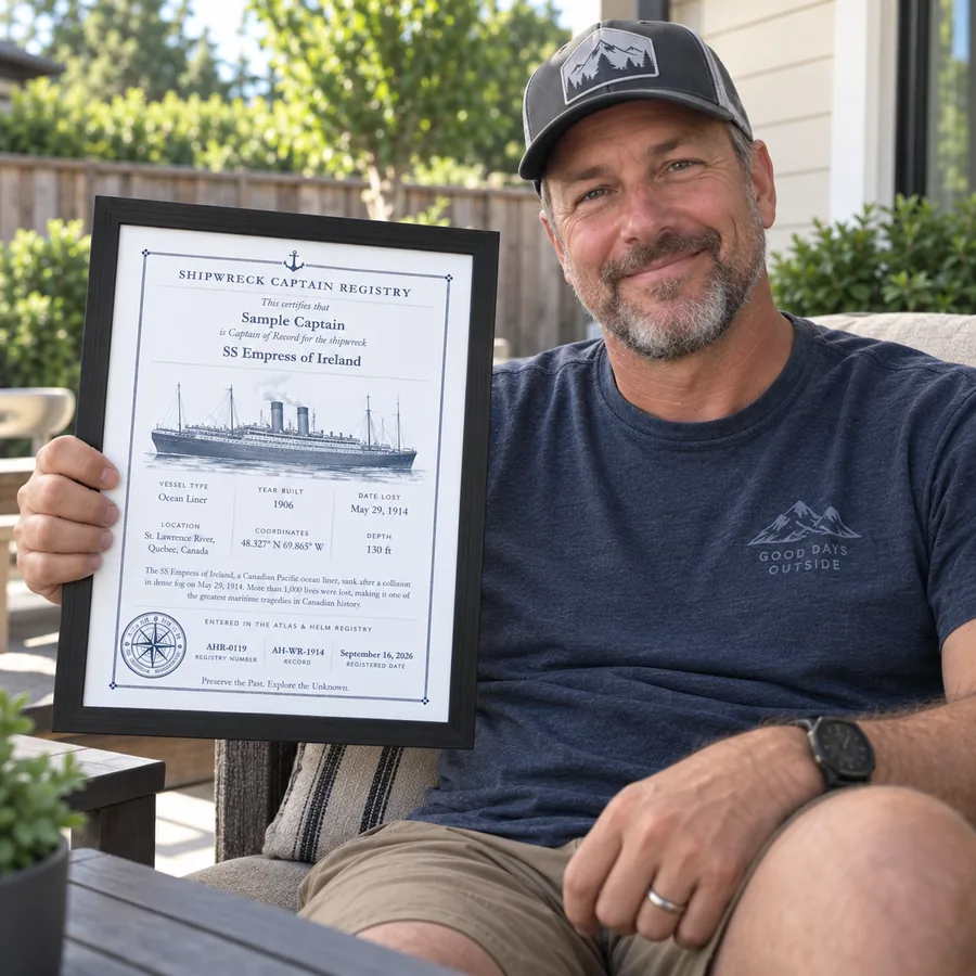 Atlas & Helm Captain displaying a framed shipwreck certificate, portrait 42