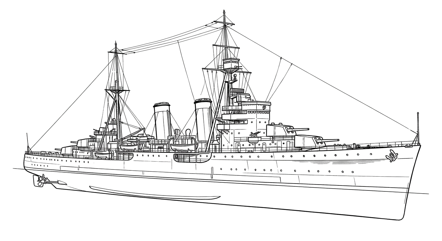 Engraved line drawing of the HMS Raleigh