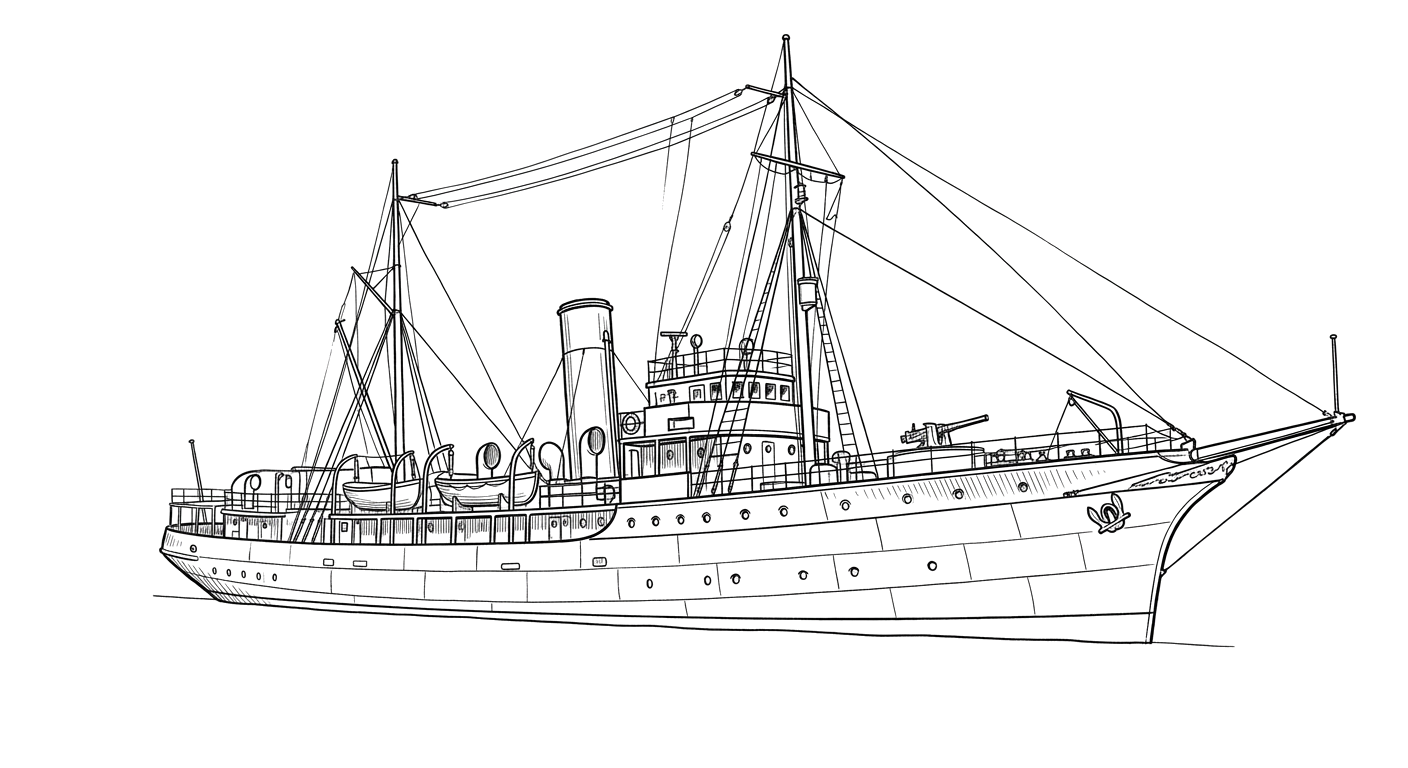 Engraved line drawing of the HMCS Galiano