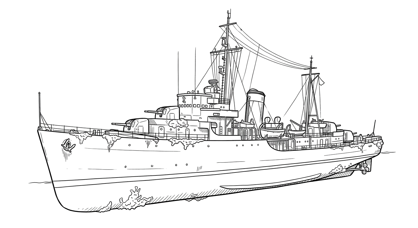 Engraved line drawing of the HMCS Chaudière