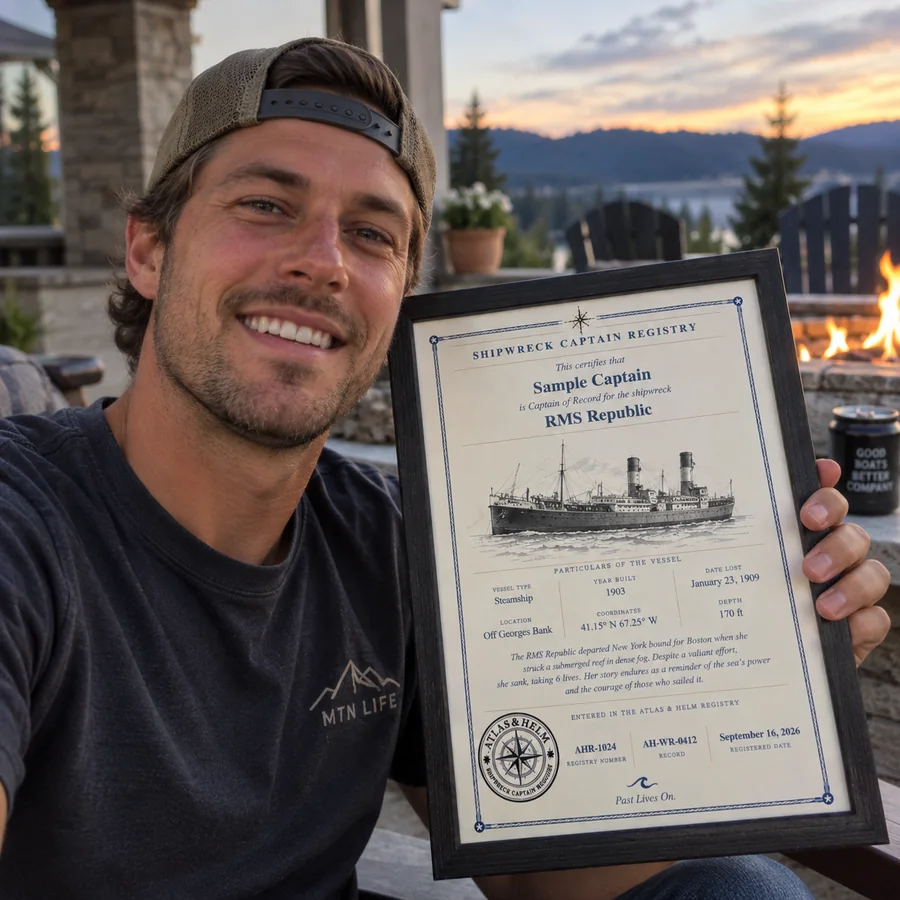 Atlas & Helm Captain displaying a framed shipwreck certificate, portrait 20