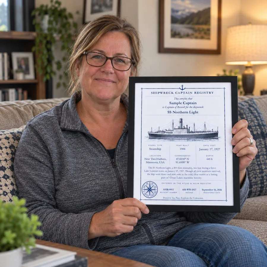Atlas & Helm Captain displaying a framed shipwreck certificate, portrait 55