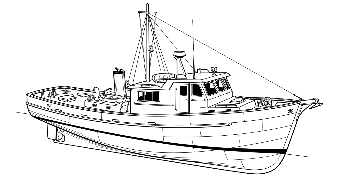 Engraved line drawing of the Joe's Tug